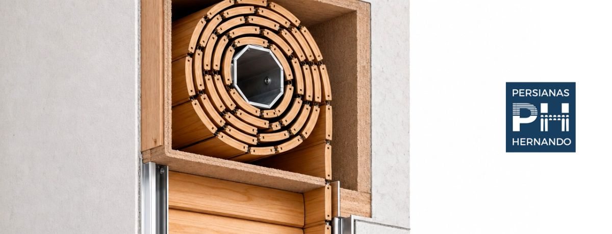 Corte técnico del sistema: eje octogonal, lamas de madera maciza enrolladas y salida del cajón empotrado en muro.
